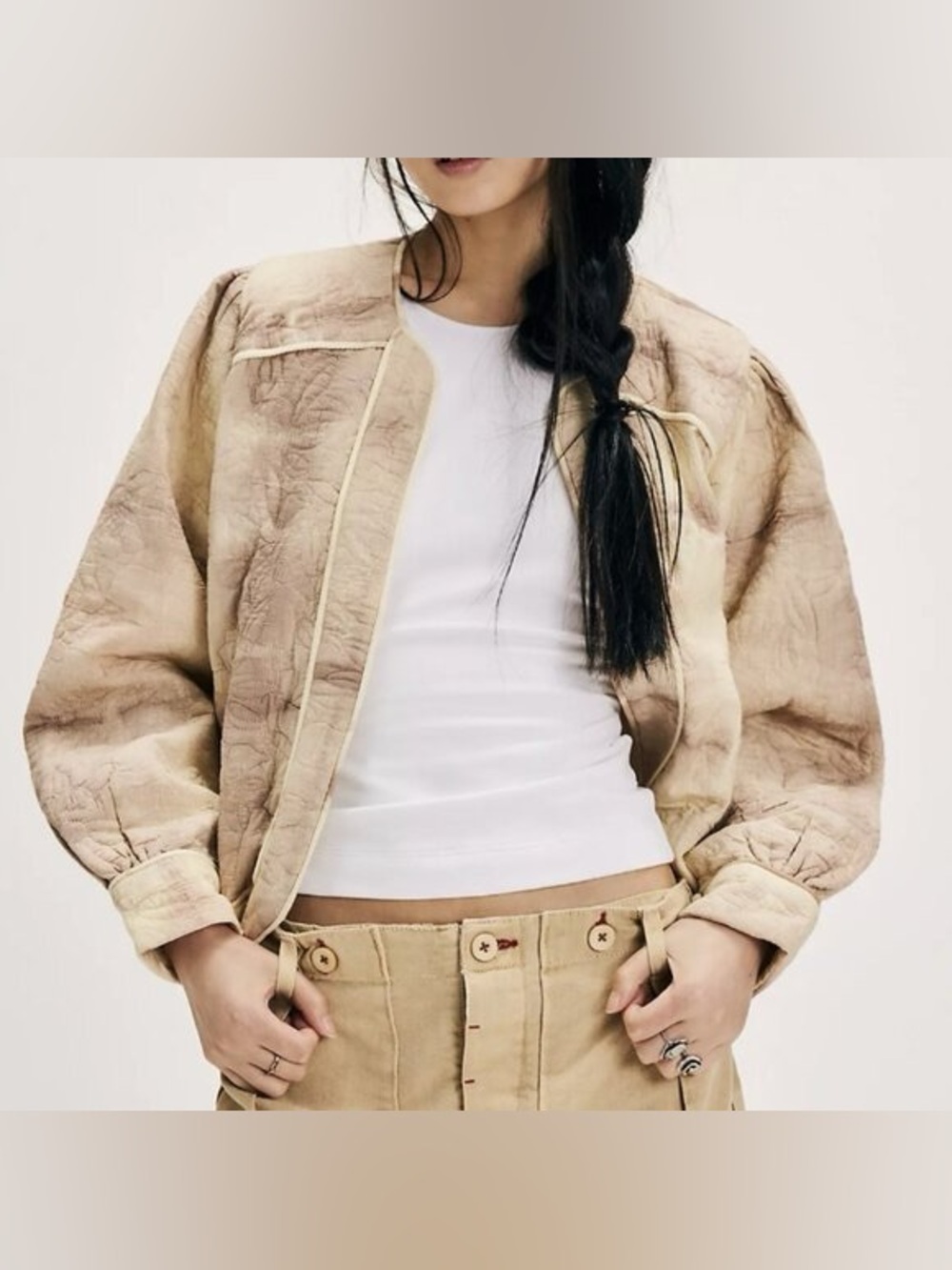 Free People x Llani tie-dye quilted collarless bomber puff sleeve open front szL
